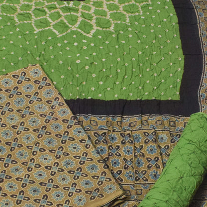 Ajrakh Satin Cotton Part Natural Dye Hand Block Print Dress Material with Bandhej Bottom and Dupatta - 2.5 Mt Top    -  SKU : MS24A01Q