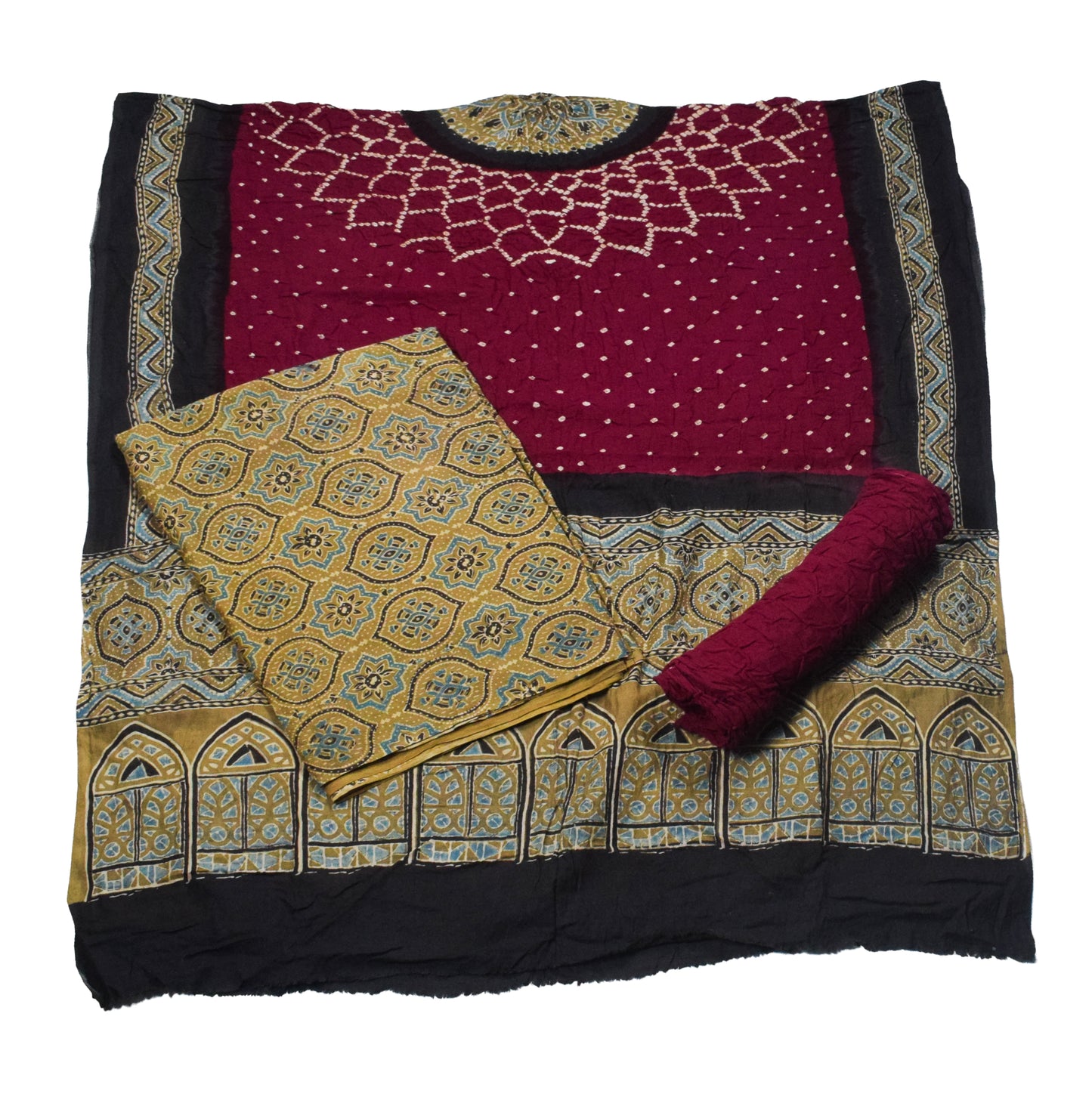 Ajrakh Satin Cotton Part Natural Dye Hand Block Print Dress Material with Bandhej Bottom and Dupatta - 2.5 Mt Top    -  SKU : MS24A01M