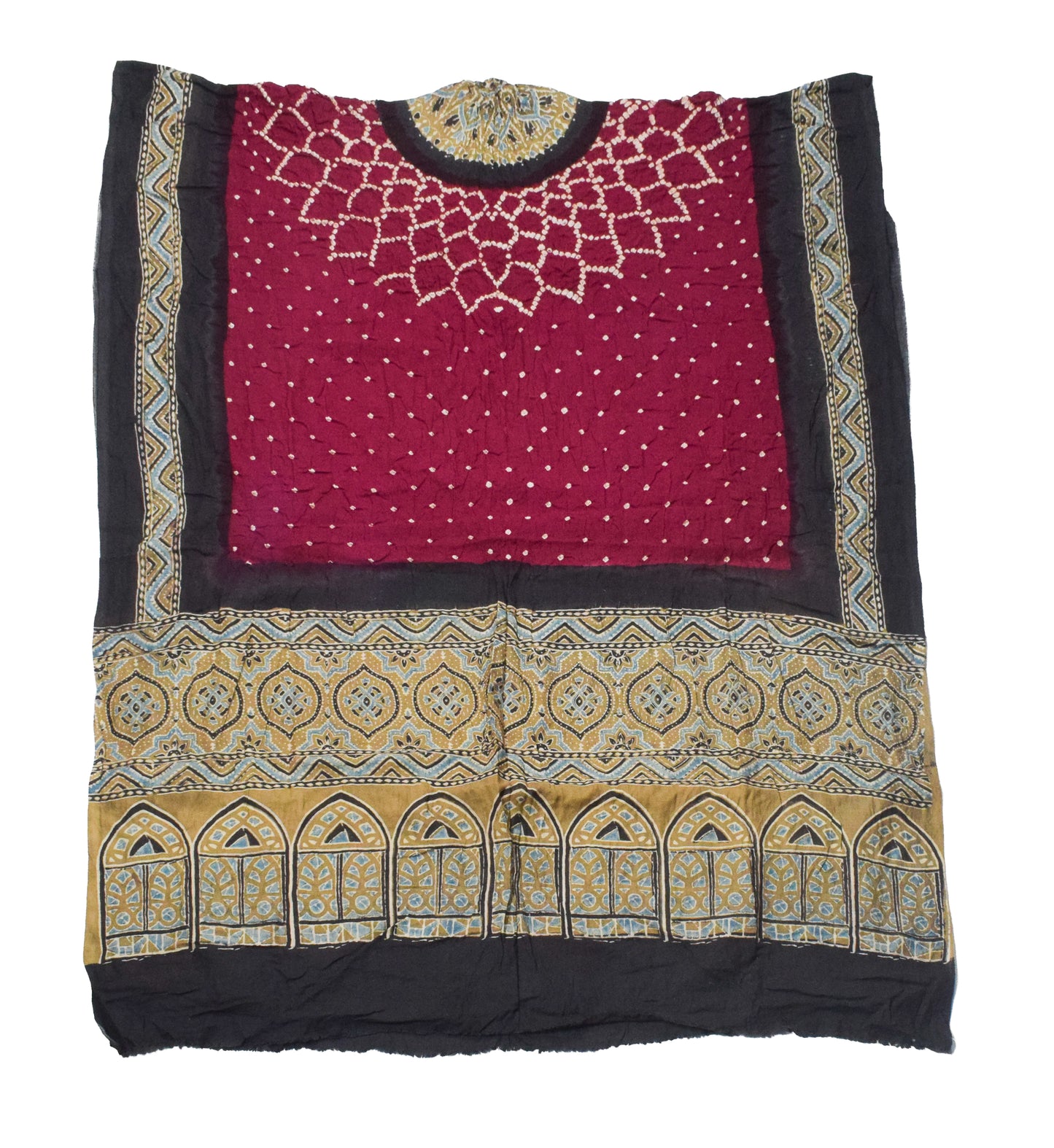 Ajrakh Satin Cotton Part Natural Dye Hand Block Print Dress Material with Bandhej Bottom and Dupatta - 2.5 Mt Top    -  SKU : MS24A01M