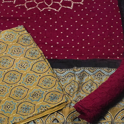 Ajrakh Satin Cotton Part Natural Dye Hand Block Print Dress Material with Bandhej Bottom and Dupatta - 2.5 Mt Top    -  SKU : MS24A01M