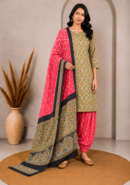 Ajrakh Satin Cotton Part Natural Dye Hand Block Print Dress Material with Bandhej Bottom and Dupatta - 2.5 Mt Top    -  SKU : MS24A01T