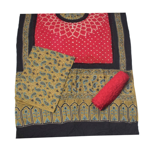 Ajrakh Satin Cotton Part Natural Dye Hand Block Print Dress Material with Bandhej Bottom and Dupatta - 2.5 Mt Top    -  SKU : MS24A01T