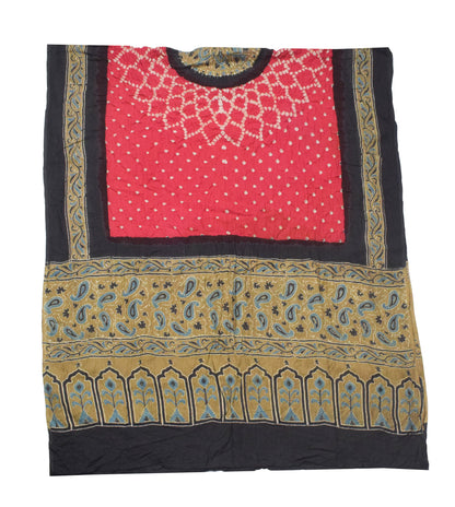 Ajrakh Satin Cotton Part Natural Dye Hand Block Print Dress Material with Bandhej Bottom and Dupatta - 2.5 Mt Top    -  SKU : MS24A01T