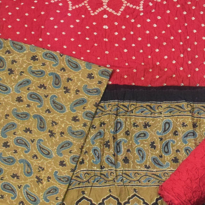 Ajrakh Satin Cotton Part Natural Dye Hand Block Print Dress Material with Bandhej Bottom and Dupatta - 2.5 Mt Top    -  SKU : MS24A01T