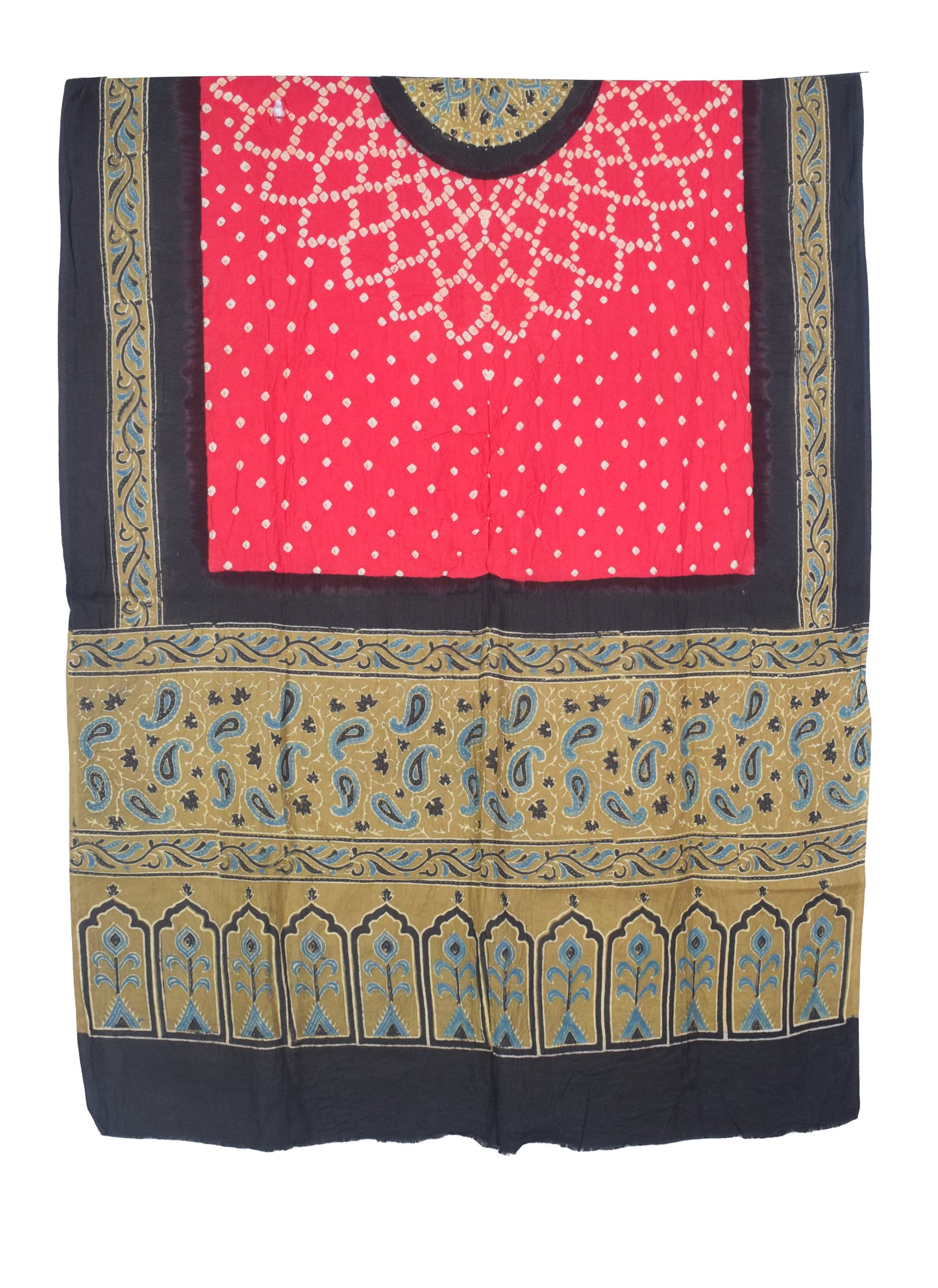 Ajrakh Satin Cotton Part Natural Dye Hand Block Print Dress Material with Bandhej Bottom and Dupatta - 2.5 Mt Top    -  SKU : MS24A01T