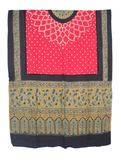 Ajrakh Satin Cotton Part Natural Dye Hand Block Print Dress Material with Bandhej Bottom and Dupatta - 2.5 Mt Top    -  SKU : MS24A01T