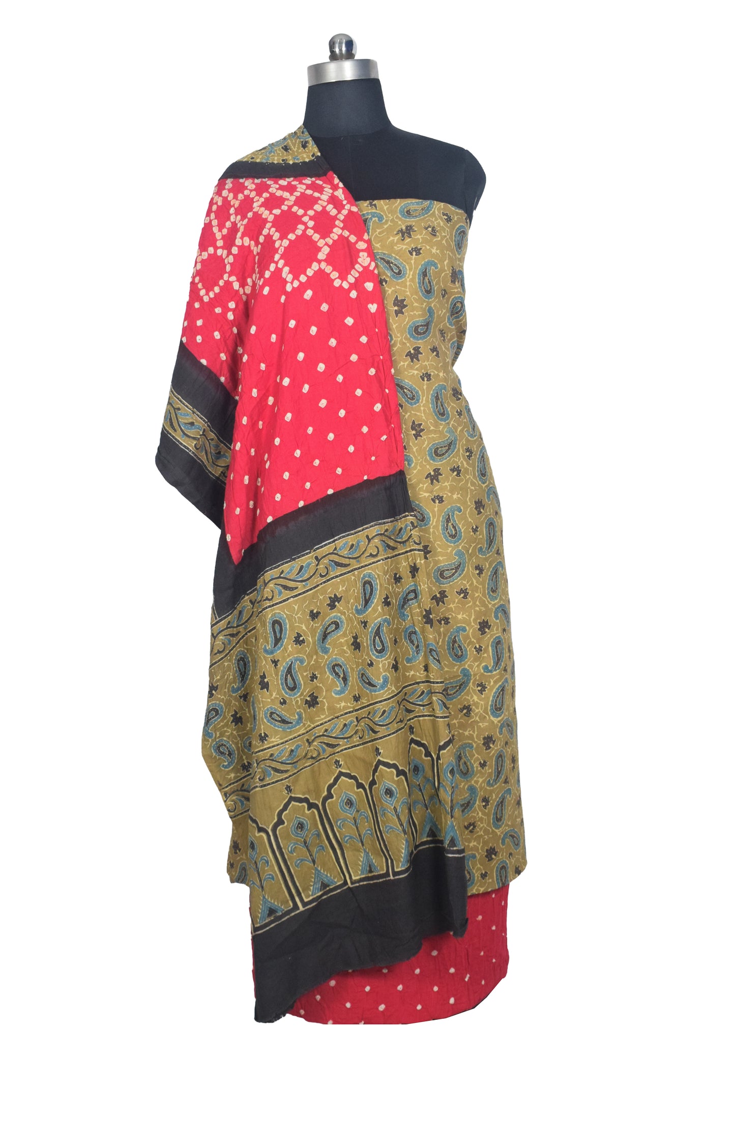Ajrakh Satin Cotton Part Natural Dye Hand Block Print Dress Material with Bandhej Bottom and Dupatta - 2.5 Mt Top    -  SKU : MS24A01T