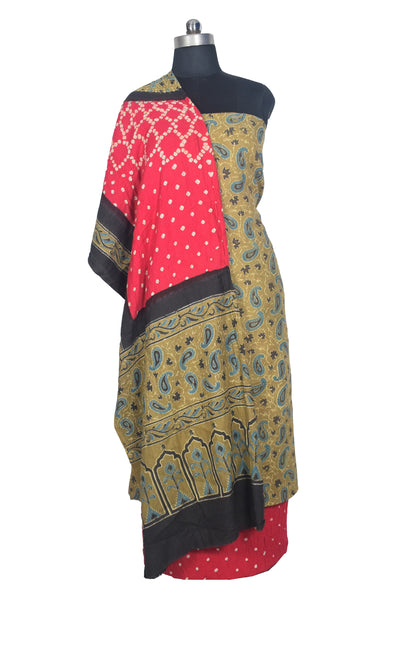 Ajrakh Satin Cotton Part Natural Dye Hand Block Print Dress Material with Bandhej Bottom and Dupatta - 2.5 Mt Top    -  SKU : MS24A01T