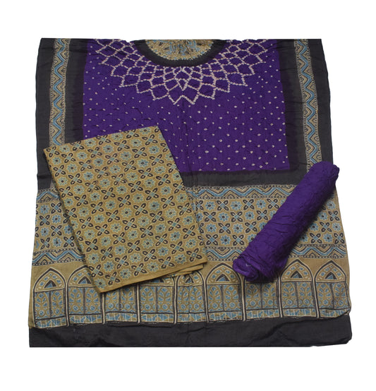 Ajrakh Satin Cotton Part Natural Dye Hand Block Print Dress Material with Bandhej Bottom and Dupatta - 2.5 Mt Top    -  SKU : MS24A01D