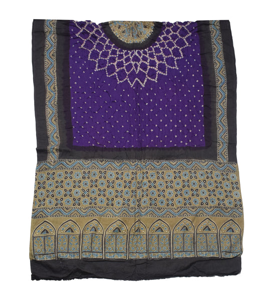 Ajrakh Satin Cotton Part Natural Dye Hand Block Print Dress Material with Bandhej Bottom and Dupatta - 2.5 Mt Top    -  SKU : MS24A01D