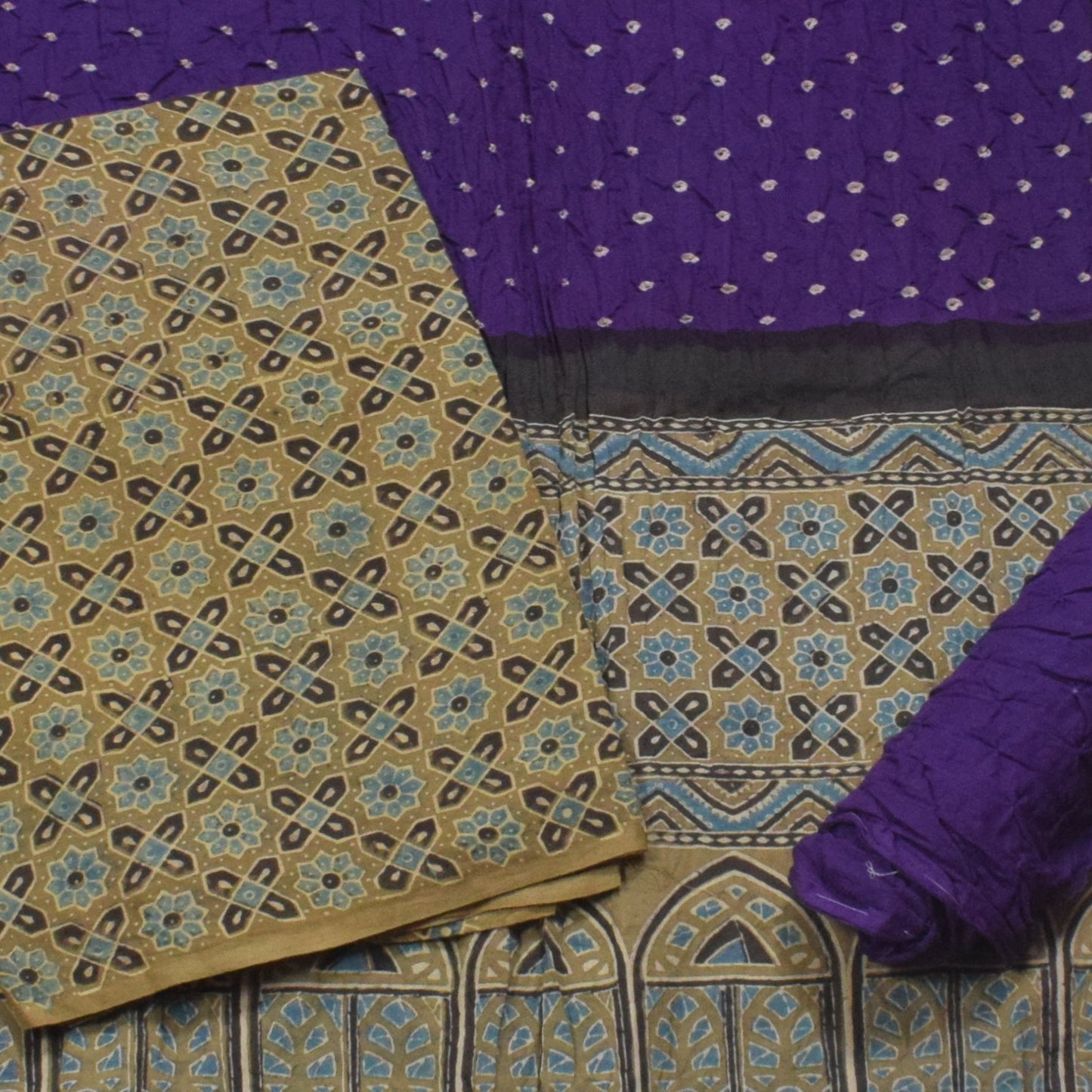 Ajrakh Satin Cotton Part Natural Dye Hand Block Print Dress Material with Bandhej Bottom and Dupatta - 2.5 Mt Top    -  SKU : MS24A01D