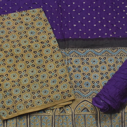 Ajrakh Satin Cotton Part Natural Dye Hand Block Print Dress Material with Bandhej Bottom and Dupatta - 2.5 Mt Top    -  SKU : MS24A01D