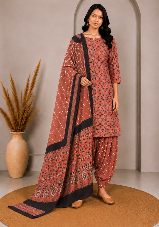 Ajrakh Satin Cotton Part Natural Dye Hand Block Print Dress Material with Bandhej Bottom and Dupatta - 2.5 Mt Top    -  SKU : MS24A01G