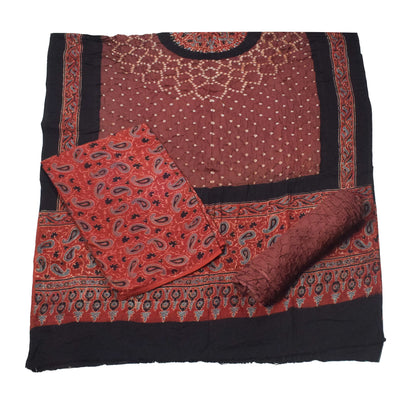 Ajrakh Satin Cotton Part Natural Dye Hand Block Print Dress Material with Bandhej Bottom and Dupatta - 2.5 Mt Top    -  SKU : MS24A01G