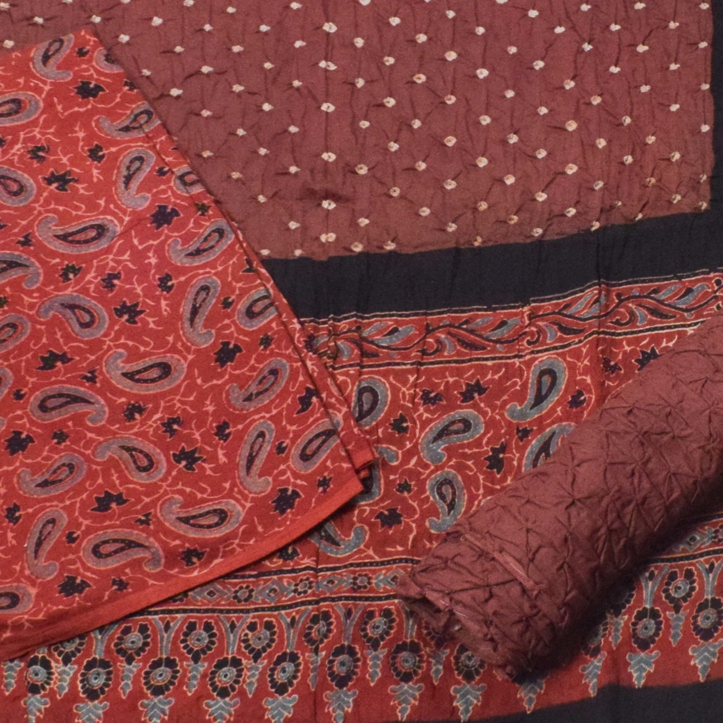 Ajrakh Satin Cotton Part Natural Dye Hand Block Print Dress Material with Bandhej Bottom and Dupatta - 2.5 Mt Top    -  SKU : MS24A01G