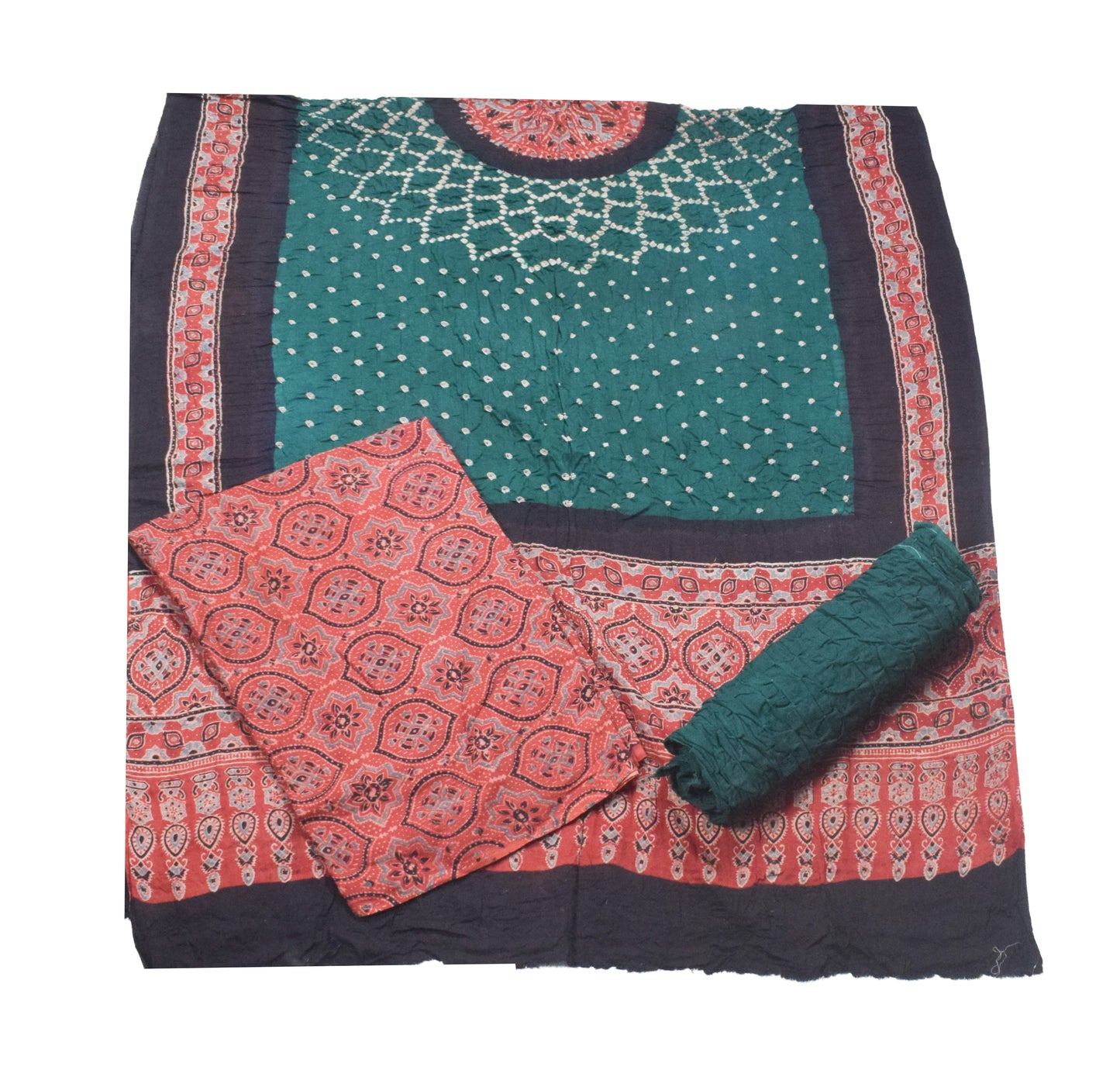 Ajrakh Satin Cotton Part Natural Dye Hand Block Print Dress Material with Bandhej Bottom and Dupatta - 2.5 Mt Top    -  SKU : MS24A01B