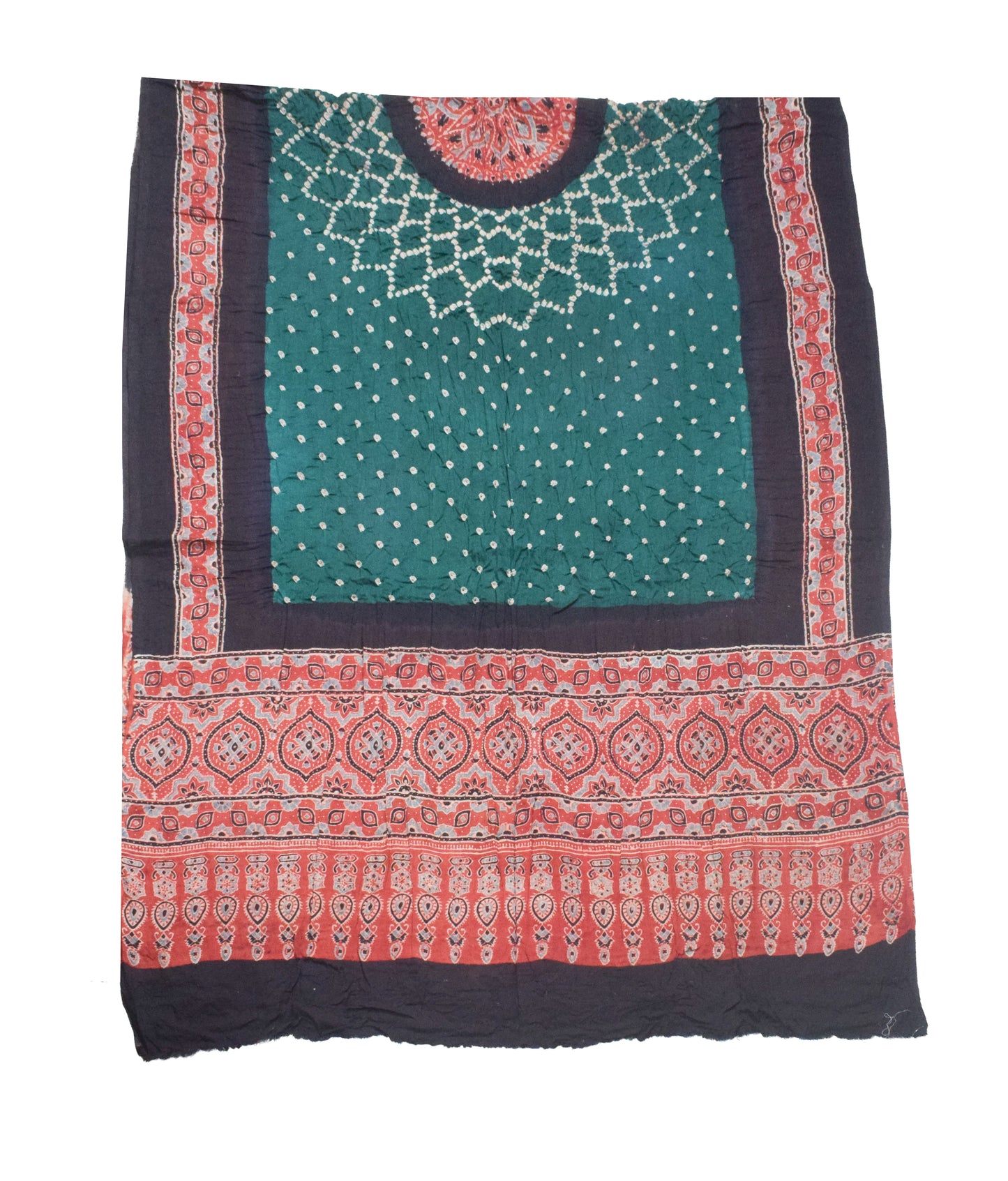 Ajrakh Satin Cotton Part Natural Dye Hand Block Print Dress Material with Bandhej Bottom and Dupatta - 2.5 Mt Top    -  SKU : MS24A01B