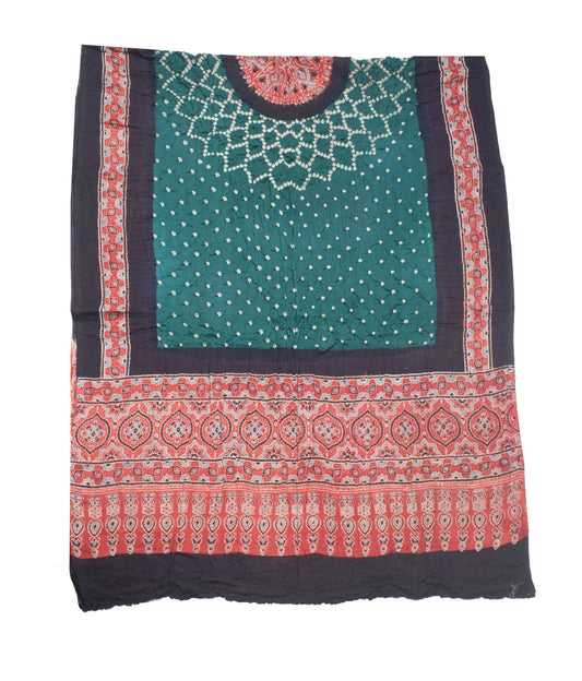 Ajrakh Satin Cotton Part Natural Dye Hand Block Print Dress Material with Bandhej Bottom and Dupatta - 2.5 Mt Top    -  SKU : MS24A01B