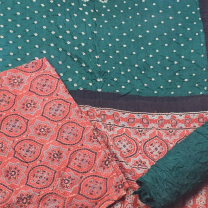 Ajrakh Satin Cotton Part Natural Dye Hand Block Print Dress Material with Bandhej Bottom and Dupatta - 2.5 Mt Top    -  SKU : MS24A01B