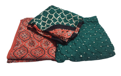 Ajrakh Satin Cotton Part Natural Dye Hand Block Print Dress Material with Bandhej Bottom and Dupatta - 2.5 Mt Top    -  SKU : MS24A01B
