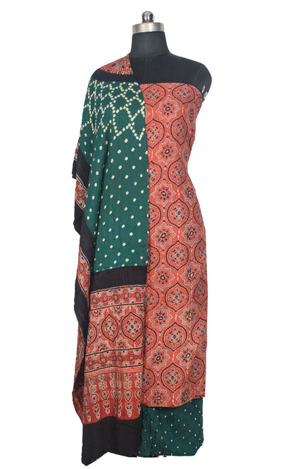 Ajrakh Satin Cotton Part Natural Dye Hand Block Print Dress Material with Bandhej Bottom and Dupatta - 2.5 Mt Top    -  SKU : MS24A01B