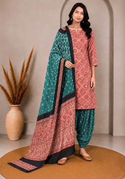 Ajrakh Satin Cotton Part Natural Dye Hand Block Print Dress Material with Bandhej Bottom and Dupatta - 2.5 Mt Top    -  SKU : MS24A01B