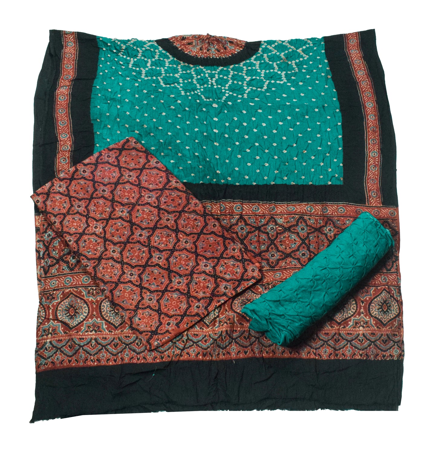 Ajrakh Satin Cotton Part Natural Dye Hand Block Print Dress Material with Bandhej Bottom and Dupatta - 2.5 Mt Top    -  SKU : MS24A01H