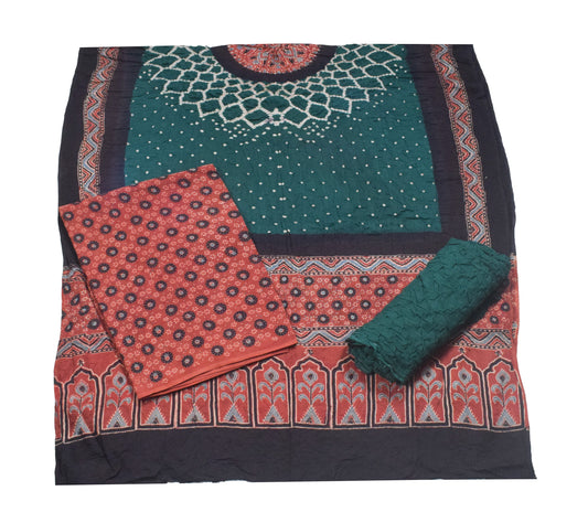 Ajrakh Satin Cotton Part Natural Dye Hand Block Print Dress Material with Bandhej Bottom and Dupatta - 2.5 Mt Top    -  SKU : MS24A01P