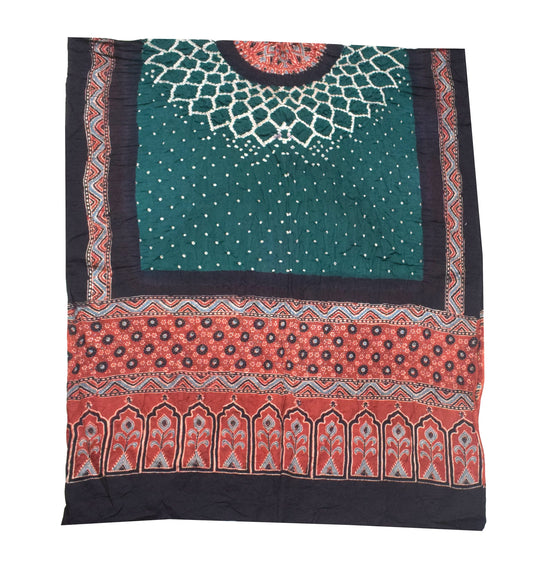 Ajrakh Satin Cotton Part Natural Dye Hand Block Print Dress Material with Bandhej Bottom and Dupatta - 2.5 Mt Top    -  SKU : MS24A01P