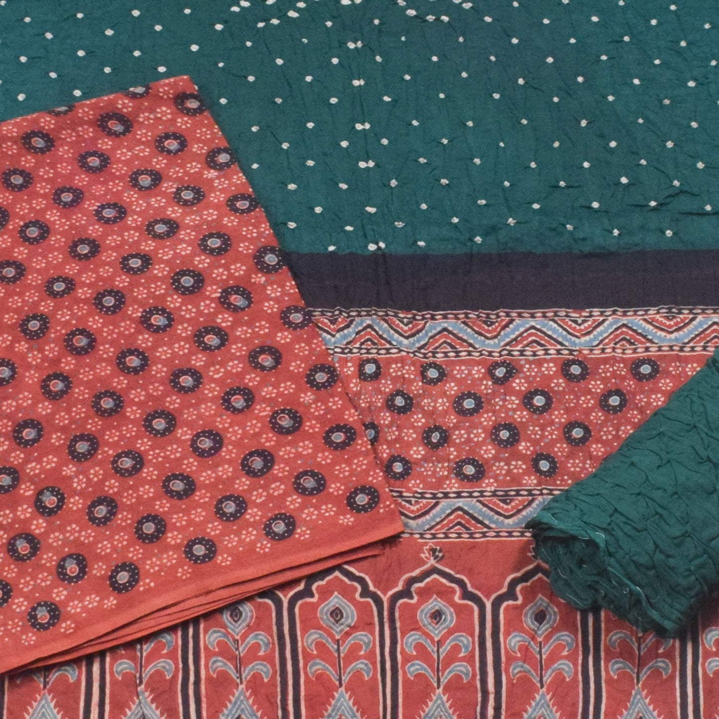 Ajrakh Satin Cotton Part Natural Dye Hand Block Print Dress Material with Bandhej Bottom and Dupatta - 2.5 Mt Top    -  SKU : MS24A01P