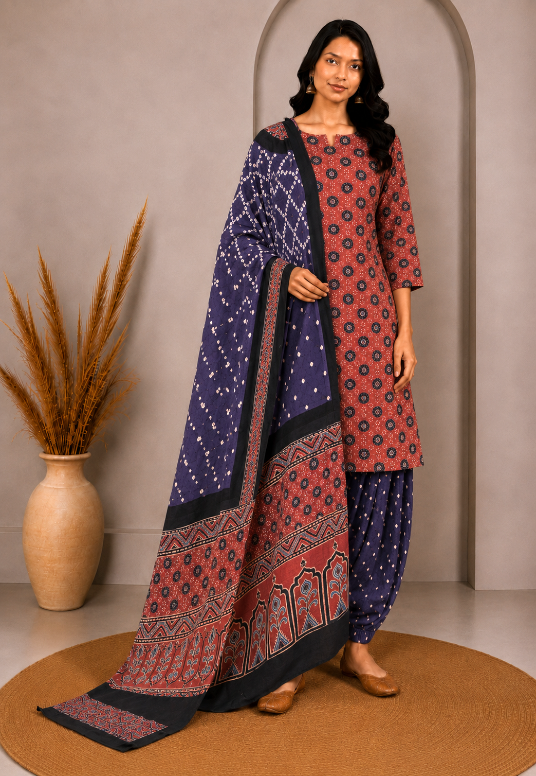 Ajrakh Satin Cotton Part Natural Dye Hand Block Print Dress Material with Bandhej Bottom and Dupatta - 2.5 Mt Top    -  SKU : MS24A01J