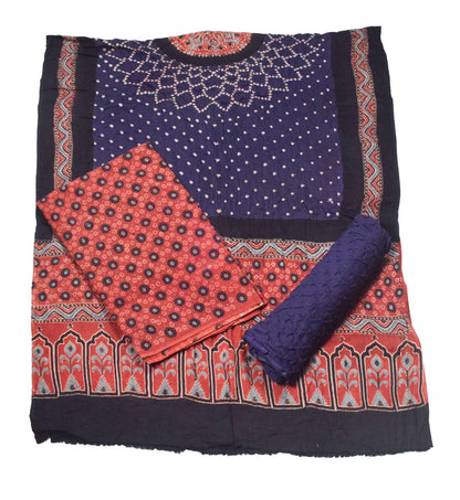 Ajrakh Satin Cotton Part Natural Dye Hand Block Print Dress Material with Bandhej Bottom and Dupatta - 2.5 Mt Top    -  SKU : MS24A01J