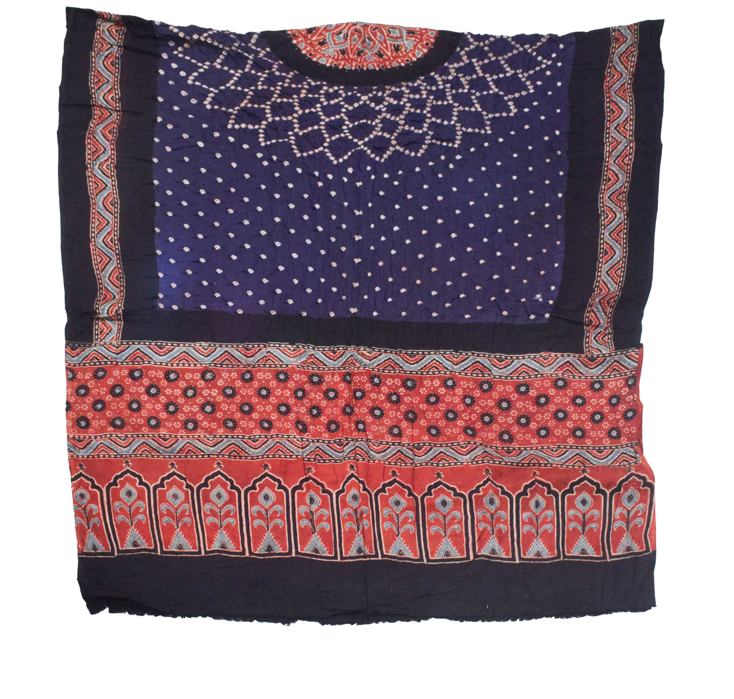 Ajrakh Satin Cotton Part Natural Dye Hand Block Print Dress Material with Bandhej Bottom and Dupatta - 2.5 Mt Top    -  SKU : MS24A01J