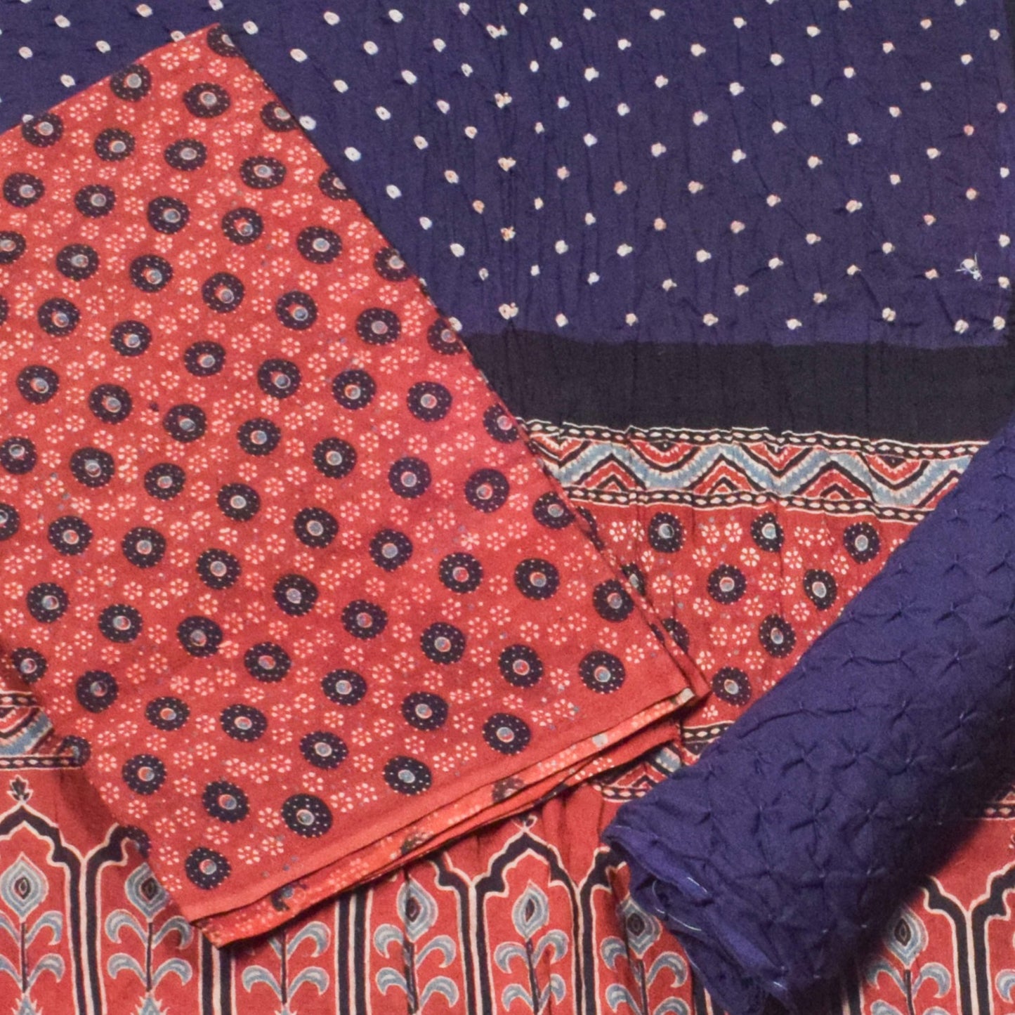 Ajrakh Satin Cotton Part Natural Dye Hand Block Print Dress Material with Bandhej Bottom and Dupatta - 2.5 Mt Top    -  SKU : MS24A01J