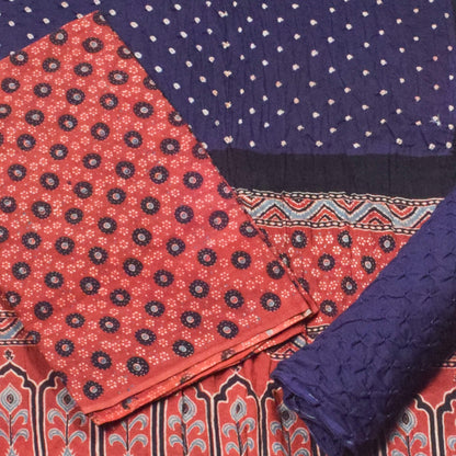 Ajrakh Satin Cotton Part Natural Dye Hand Block Print Dress Material with Bandhej Bottom and Dupatta - 2.5 Mt Top    -  SKU : MS24A01J
