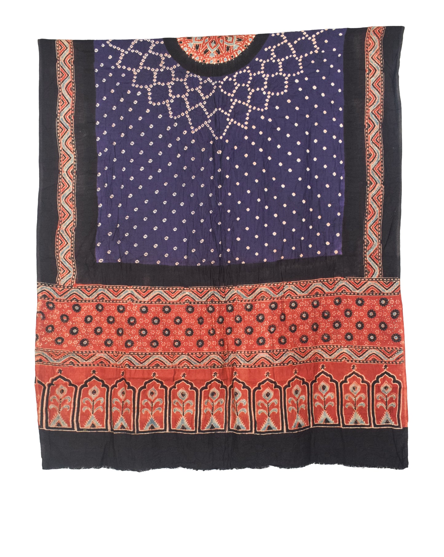 Ajrakh Satin Cotton Part Natural Dye Hand Block Print Dress Material with Bandhej Bottom and Dupatta - 2.5 Mt Top    -  SKU : MS24A01J