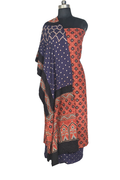 Ajrakh Satin Cotton Part Natural Dye Hand Block Print Dress Material with Bandhej Bottom and Dupatta - 2.5 Mt Top    -  SKU : MS24A01J