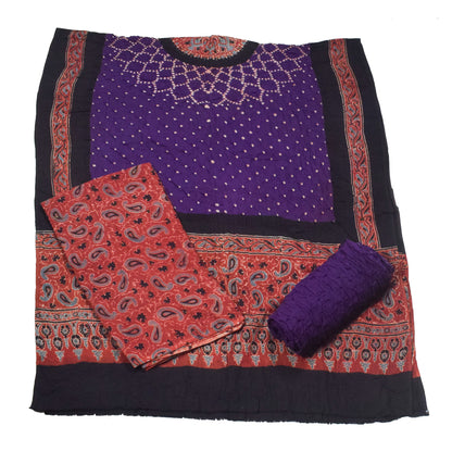 Ajrakh Satin Cotton Part Natural Dye Hand Block Print Dress Material with Bandhej Bottom and Dupatta - 2.5 Mt Top    -  SKU : MS24A01S