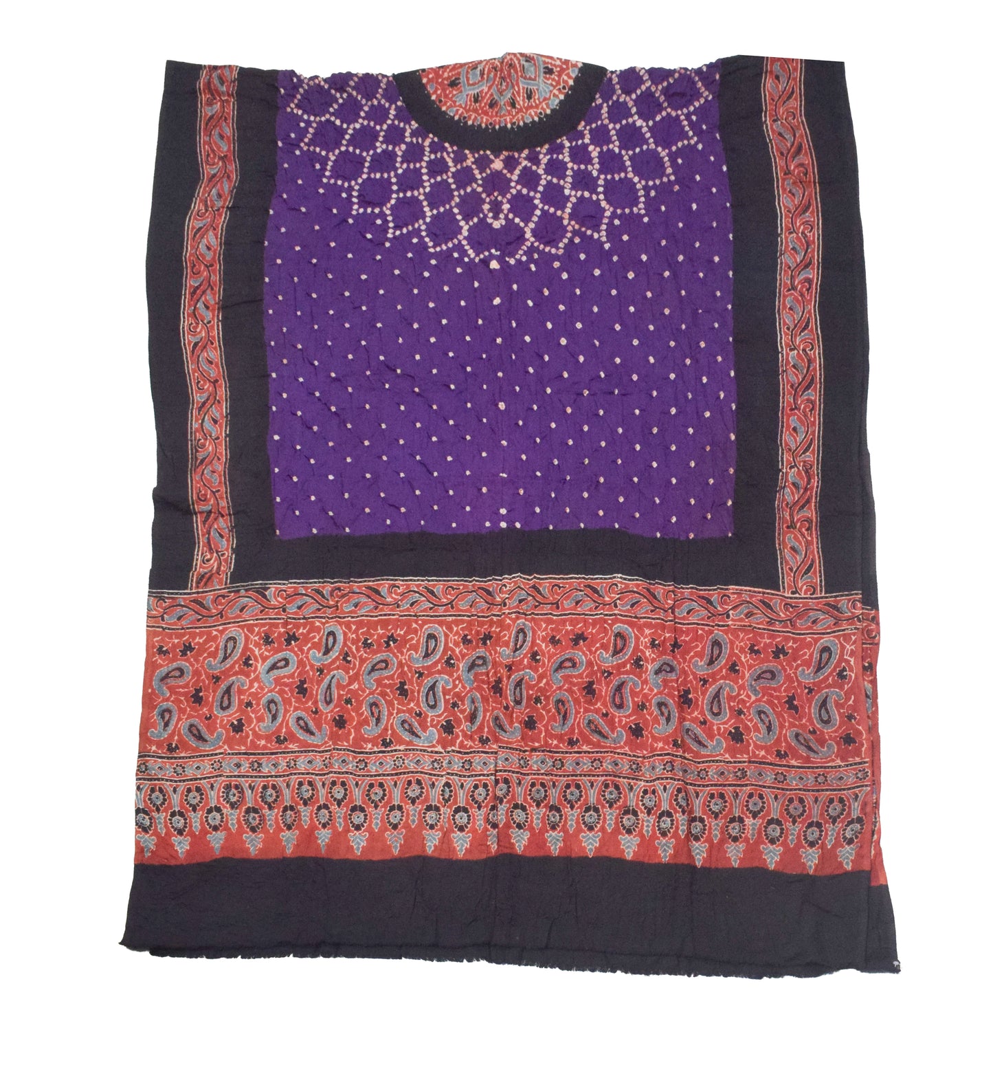 Ajrakh Satin Cotton Part Natural Dye Hand Block Print Dress Material with Bandhej Bottom and Dupatta - 2.5 Mt Top    -  SKU : MS24A01S