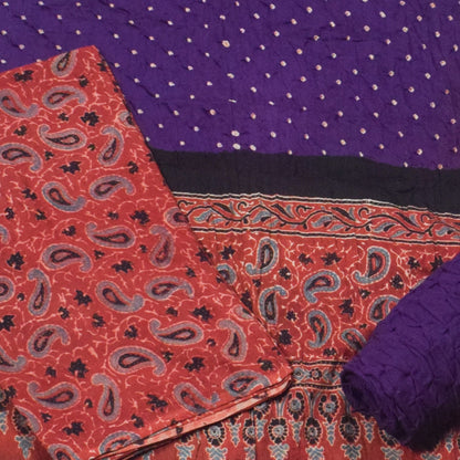 Ajrakh Satin Cotton Part Natural Dye Hand Block Print Dress Material with Bandhej Bottom and Dupatta - 2.5 Mt Top    -  SKU : MS24A01S