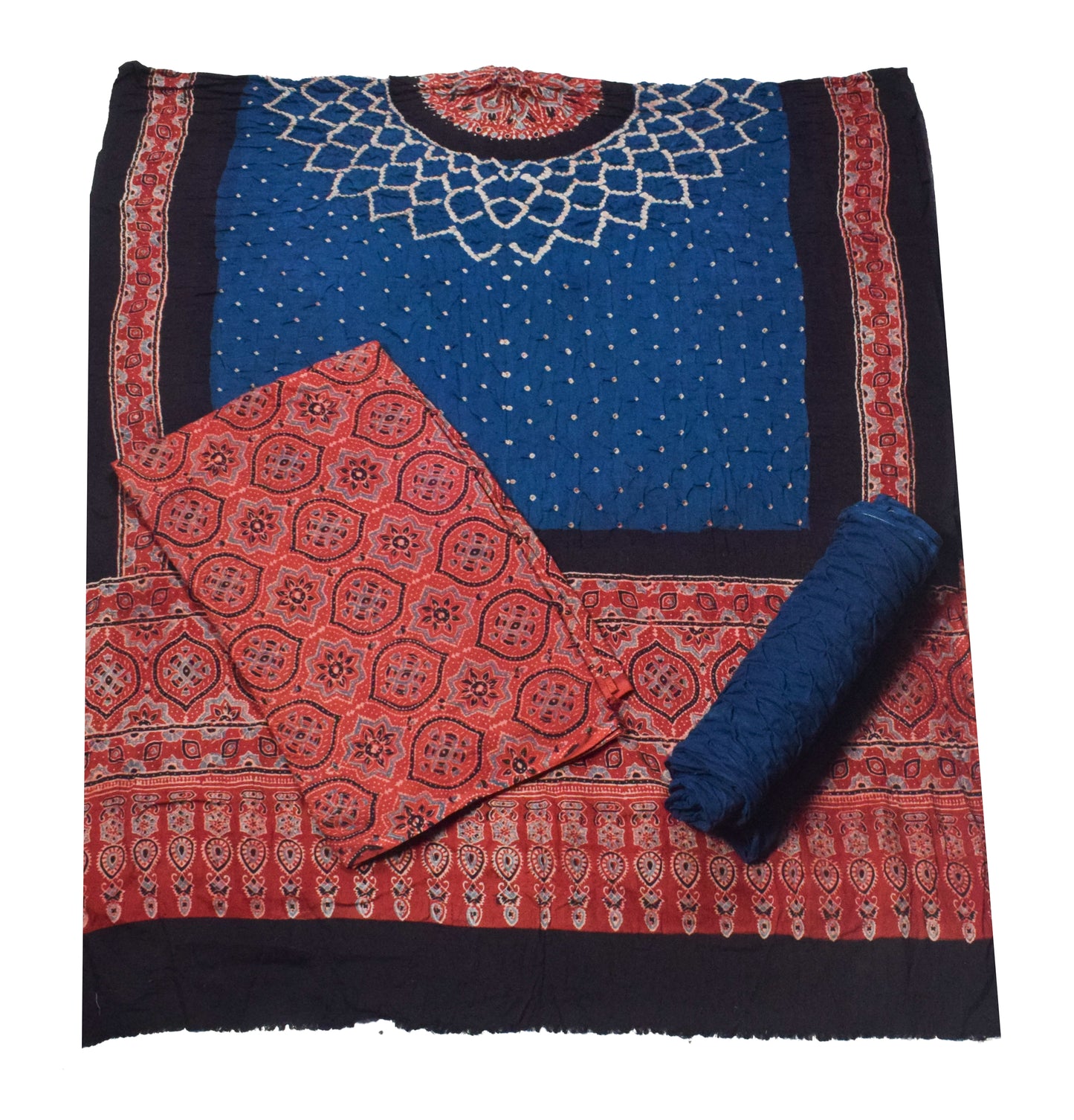 Ajrakh Satin Cotton Part Natural Dye Hand Block Print Dress Material with Bandhej Bottom and Dupatta - 2.5 Mt Top    -  SKU : MS24A01L