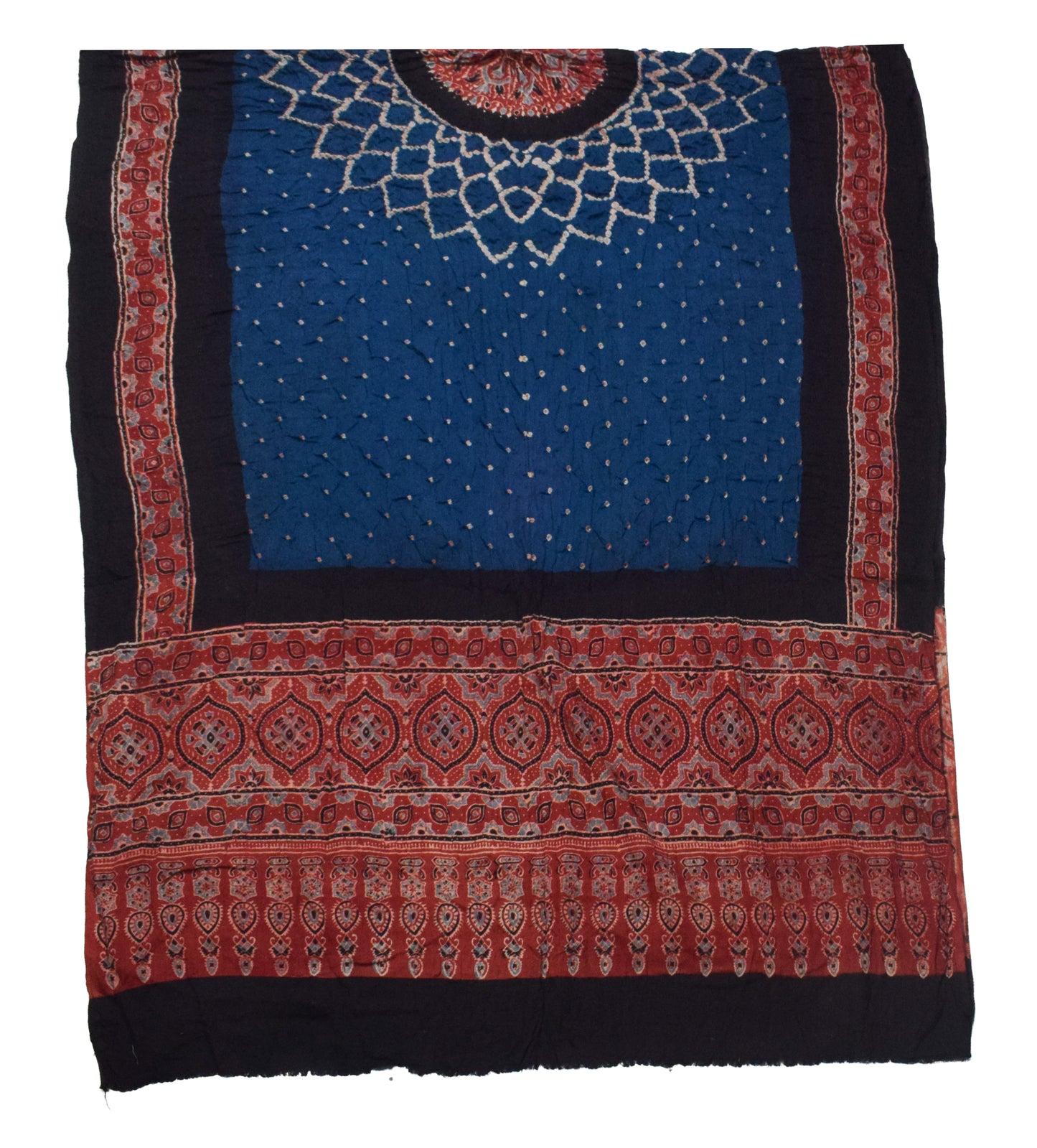 Ajrakh Satin Cotton Part Natural Dye Hand Block Print Dress Material with Bandhej Bottom and Dupatta - 2.5 Mt Top    -  SKU : MS24A01L