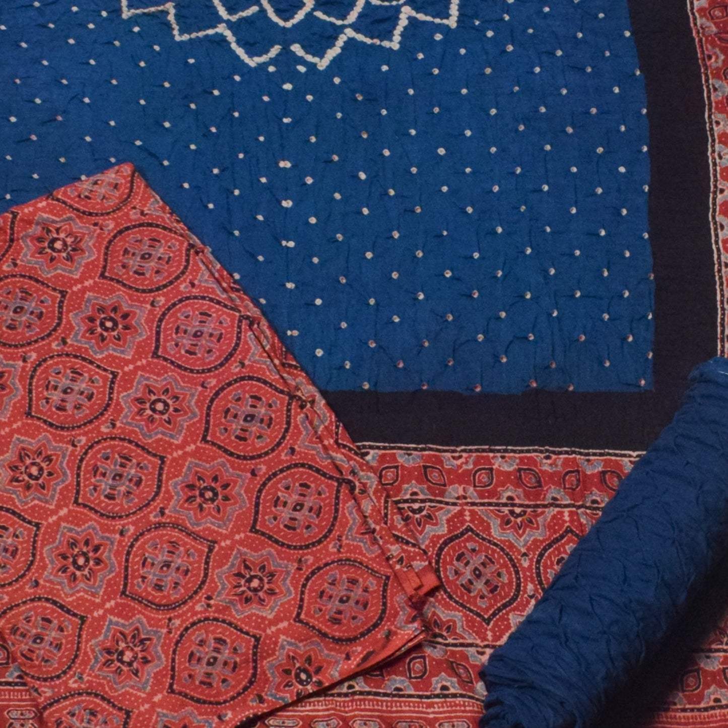 Ajrakh Satin Cotton Part Natural Dye Hand Block Print Dress Material with Bandhej Bottom and Dupatta - 2.5 Mt Top    -  SKU : MS24A01L
