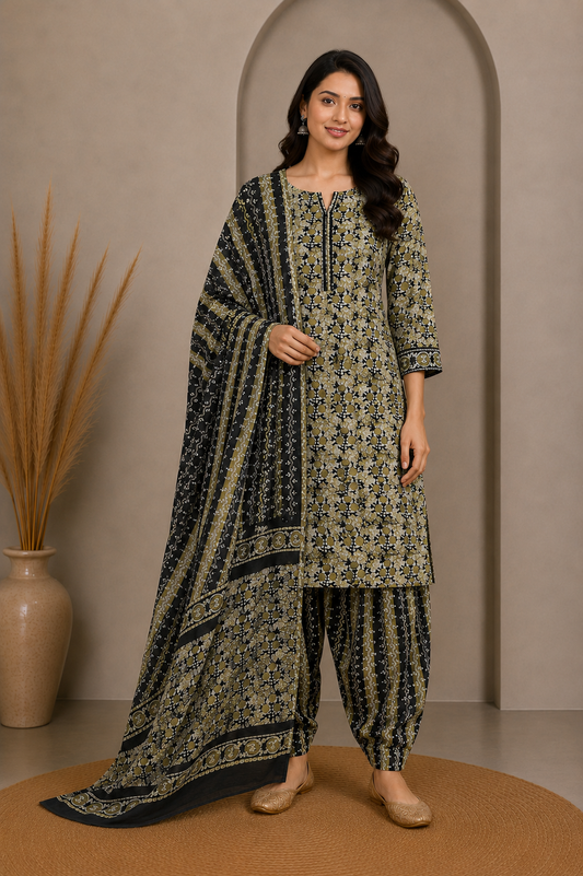 Wax Batik Cotton Three Colour Full Printed Hand Block Print Dress Material with 44 Inch wide Dupatta - 2.5 Mt Top    -  SKU : RA12C01F