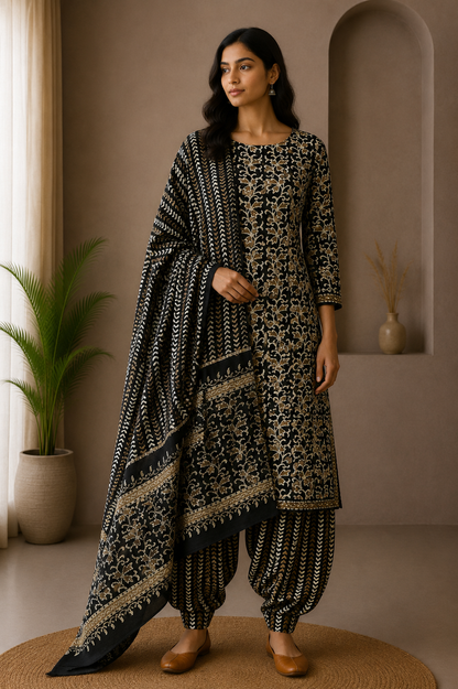 Wax Batik Cotton Three Colour Full Printed Hand Block Print Dress Material with 44 Inch wide Dupatta - 2.5 Mt Top    -  SKU : RA2160AV