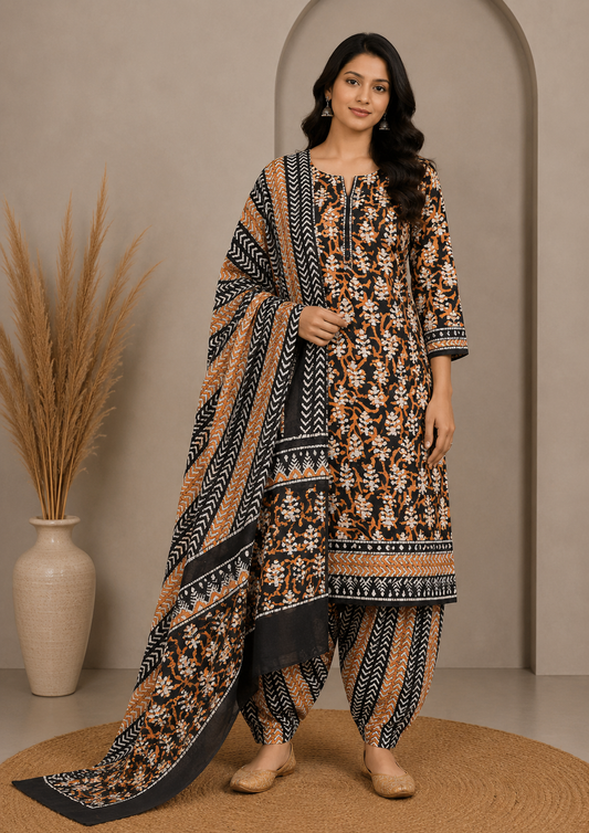 Wax Batik Cotton Three Colour Full Printed Hand Block Print Dress Material with 44 Inch wide Dupatta - 2.5 Mt Top    -  SKU : RA05401M