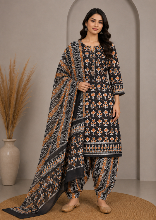 Wax Batik Cotton Three Colour Full Printed Hand Block Print Dress Material with 44 Inch wide Dupatta - 2.5 Mt Top    -  SKU : RA05401W
