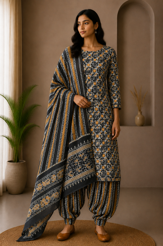 Wax Batik Cotton Three Colour Full Printed Hand Block Print Dress Material with 44 Inch wide Dupatta - 2.5 Mt Top    -  SKU : RA0540AB