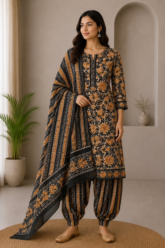 Wax Batik Cotton Three Colour Full Printed Hand Block Print Dress Material with 44 Inch wide Dupatta - 2.5 Mt Top    -  SKU : RA0540BC