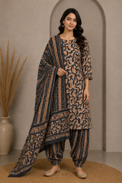 Wax Batik Cotton Three Colour Full Printed Hand Block Print Dress Material with 44 Inch wide Dupatta - 2.5 Mt Top    -  SKU : RA0540BE